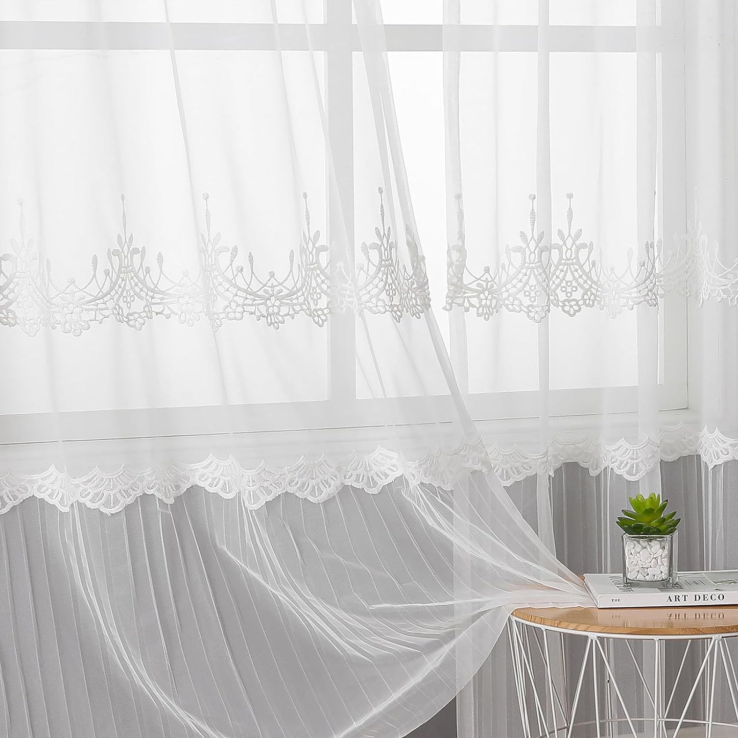 VISIONTEX White Sheer Voile Curtains, Decorative White Embossed European Rod Pocket Window Drapes for Home Kitchen, Living Room and Bedroom 54 x 63 Inch, Set of 2 Curtain Panels