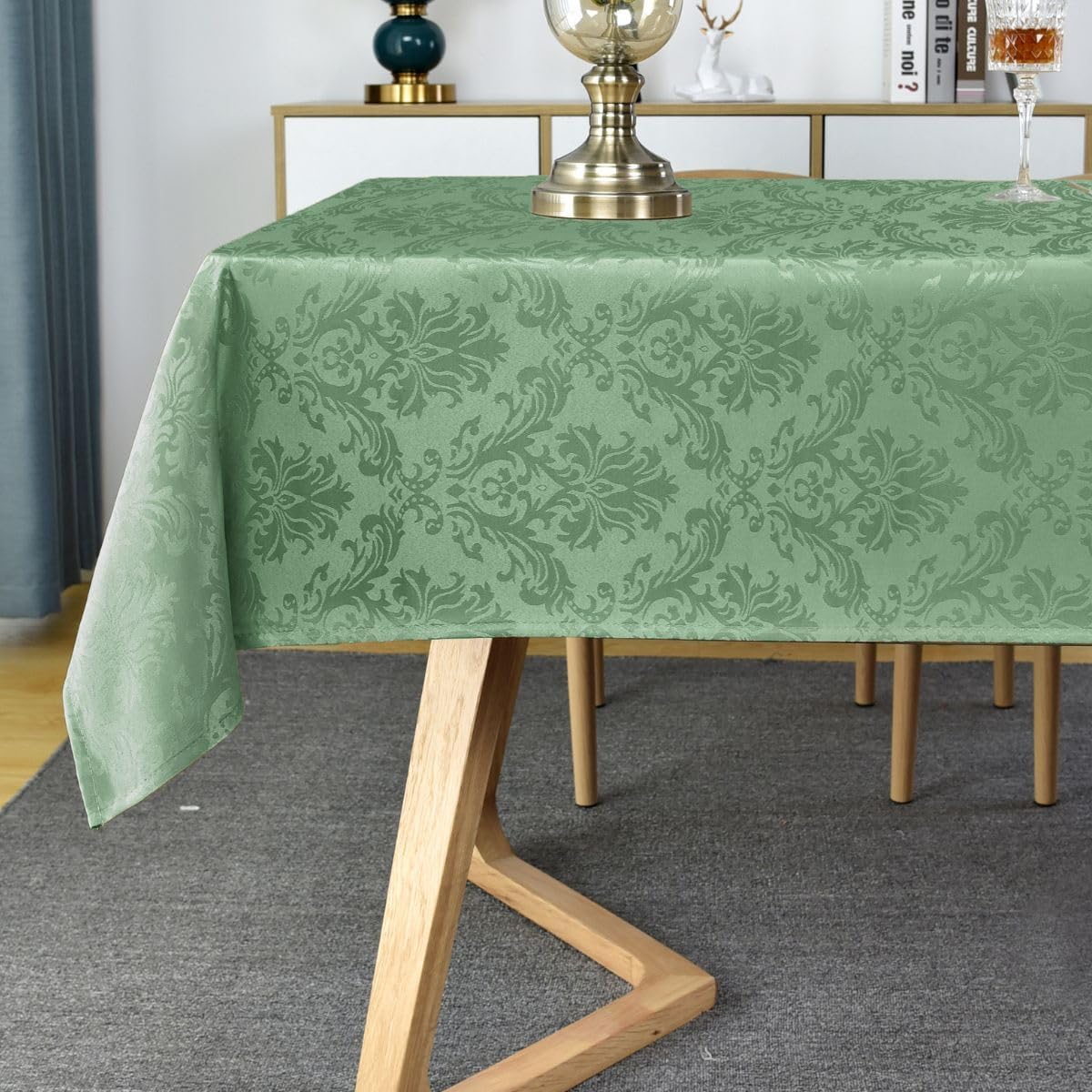 SASTYBALE Summer Tablecloth Rectangle, Spill-Proof Wrinkle Resistant Jacquard Fabric Table Cloth, Soft Polyester Damask Table Cover for Parties, Picnic, Dinner(60 * 84 inch, Oblong, Light Green)