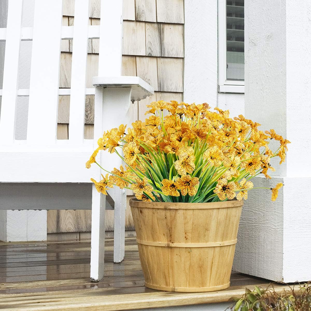 12 Bundles Artificial Flowers Outdoor UV Resistant Flowers No Fade Faux Plastic Plants Garden Porch Window Box Decorating (Yellow)