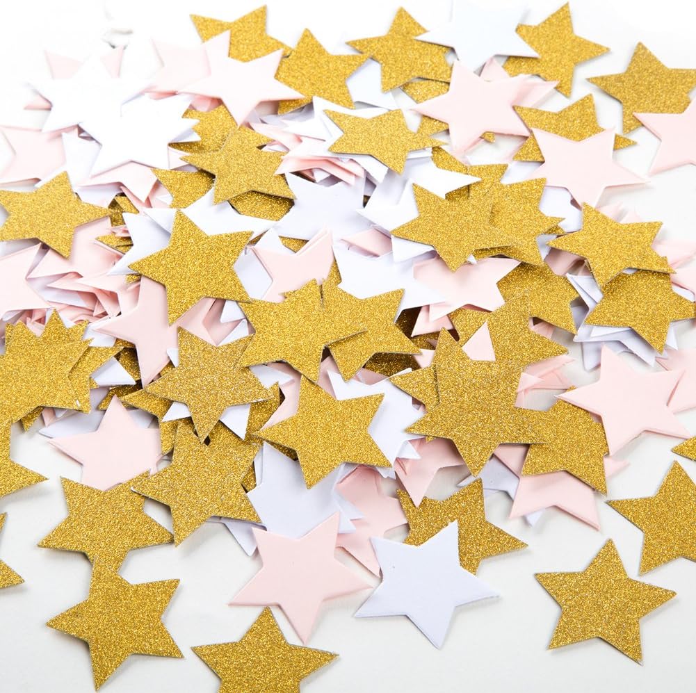 MOWO Glitter Five Stars Confetti Wedding Party Decor and Table Decor, 1.2’’ in Diameter (glitter gold,pink,white,200pc)