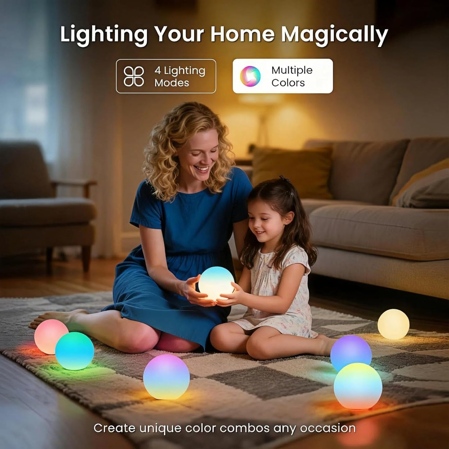 LOFTEK LED Ball Light, Multi-Color Rechargeable Night Lights, 3-inch RGB Ball Mood Lighting, Waterproof Ambient Lighting Lamp for Home Bedroom Patio Pool Decorative Lighting, 4 Pack