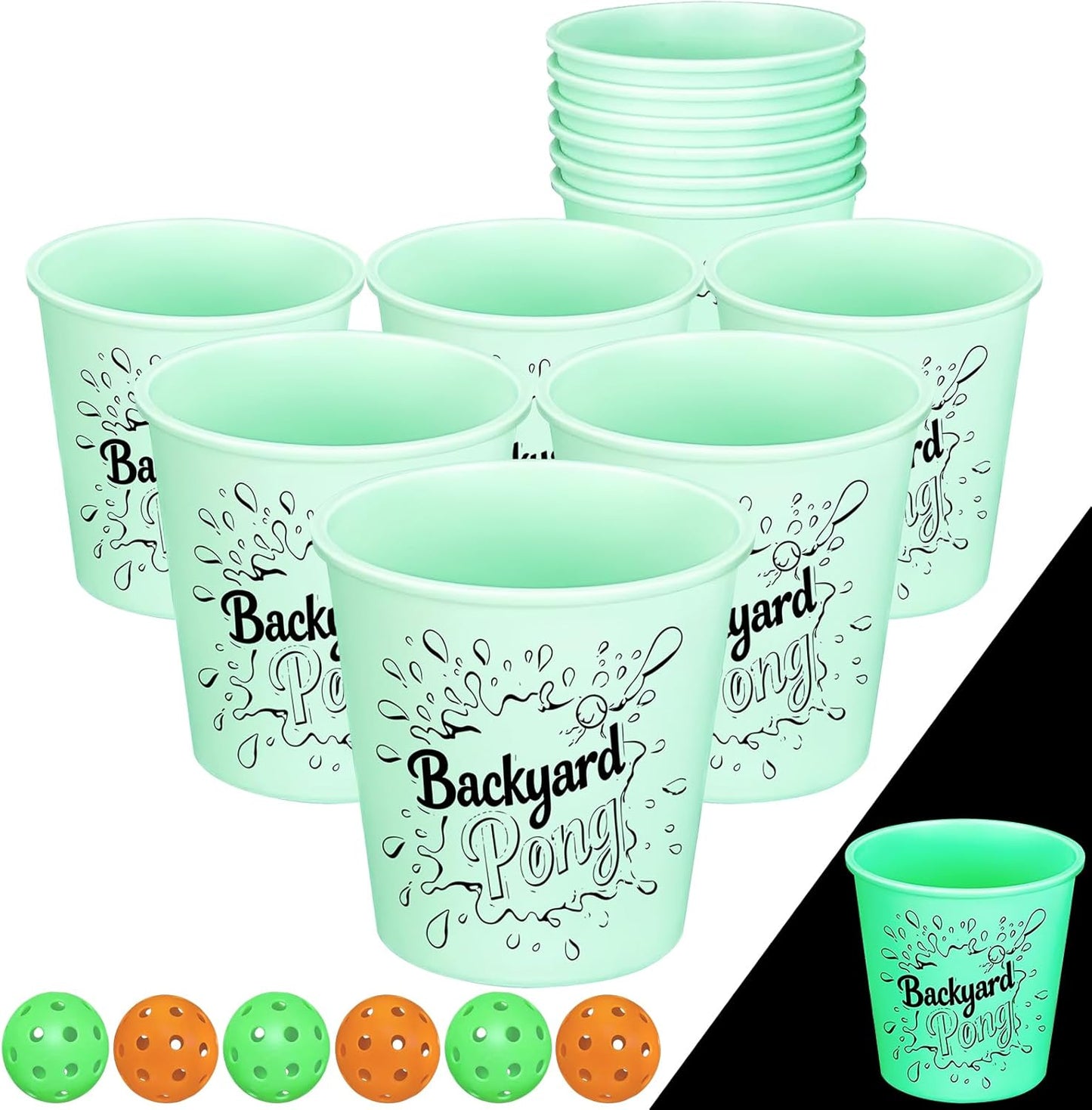 Mostop Yard Pong Game Set Glow in Dark with 12 Buckets, 6 Balls, Carrying Bag - Throwing Game for Adults Family Party - Outdoor Games for Beach, Camping, Lawn and Backyard
