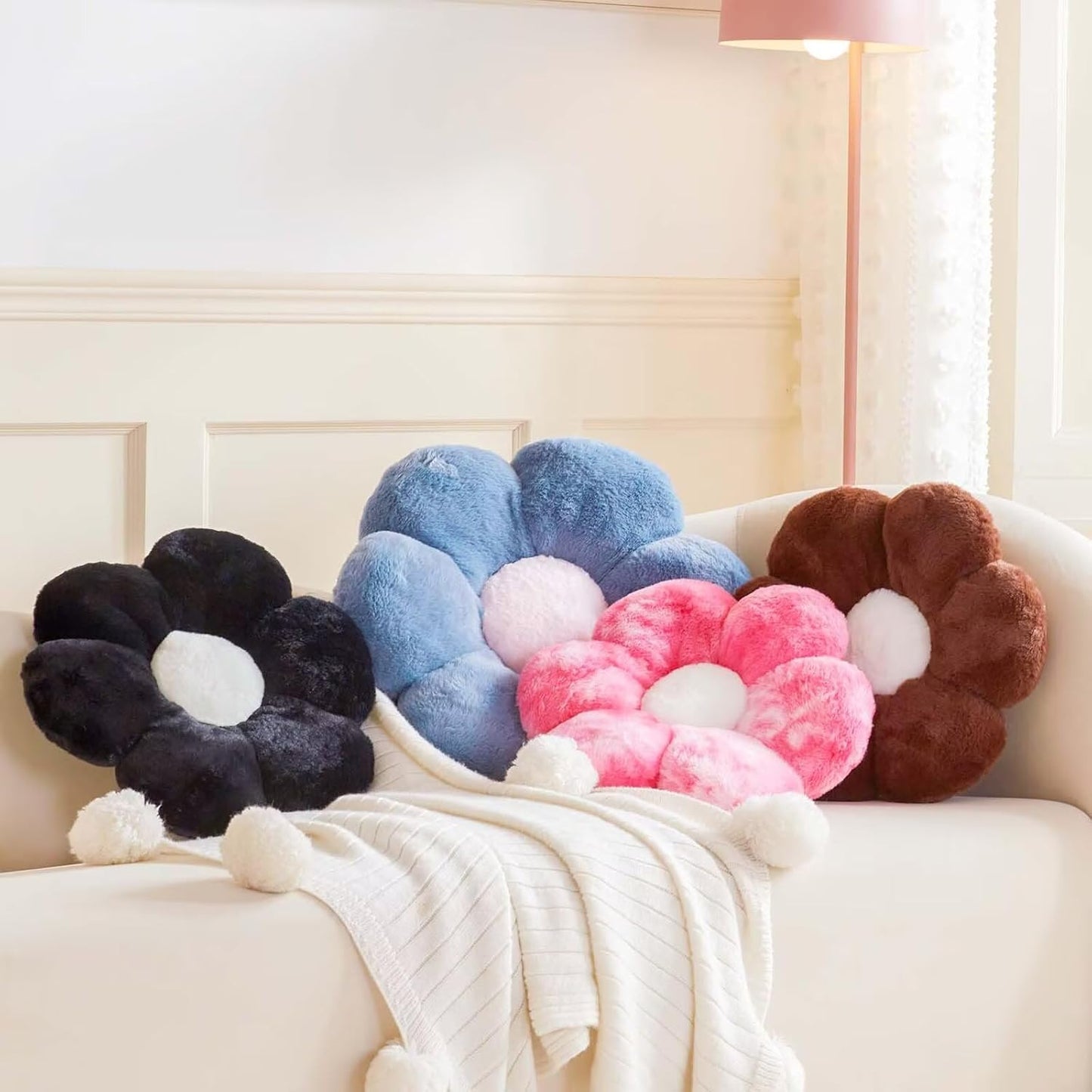 Blue Flower Pillow, 17.7" Flower Shaped Plush Decorative Throw Pillow for Bed