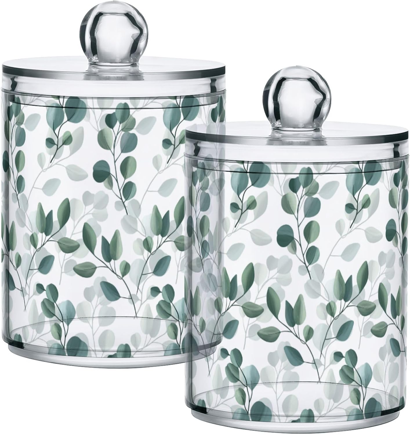 Qtip Holder Dispenser 4 Pack Green Watercolor Floral Leaves Apothecary Jars with Lids Bathroom Vanity Countertop Canister Storage Organizer for Cotton Ball,Swabs,Pads,Floss