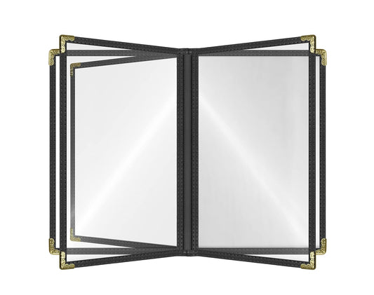 Goodsmart Restaurant Menu Covers – 25 Pack Black 10-View 8.5" x 14" Cafe Menu Holders, Side-Loading Vinyl Covers with Clear Sleeves, Plastic & Leather-Style Menu Covers with Gold Corners