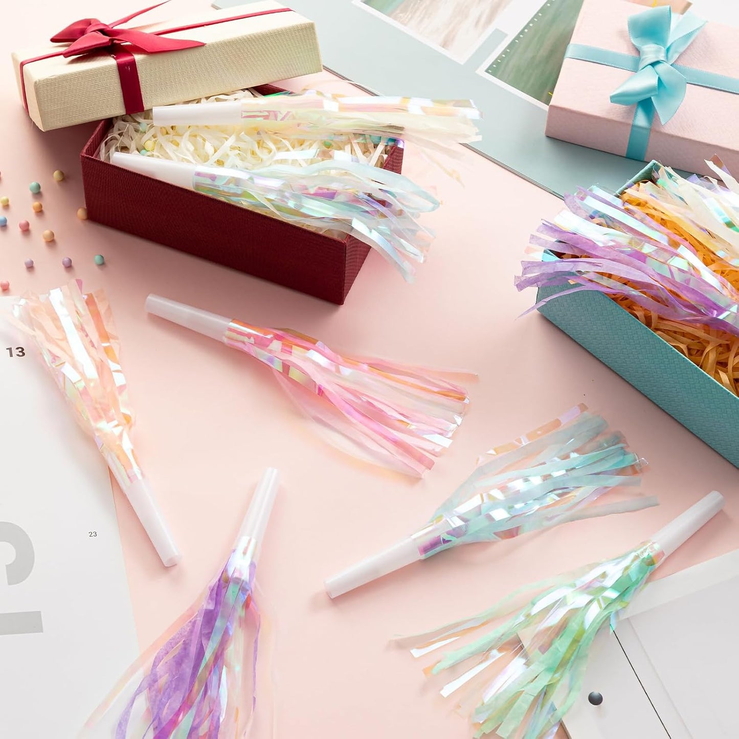 24 pcs Party Blowers, Noise Makers Glitter Metallic Fringed Party Horns for Birthday Blow Horns Graduation Sporting Party Favors Supplies