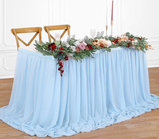 QueenDream 6ft Baby Blue Chiffon Table Skirt for Rectangle Table Sheer Tablecloth for Baby Shower Wedding Birthday Mermaid Theme Party