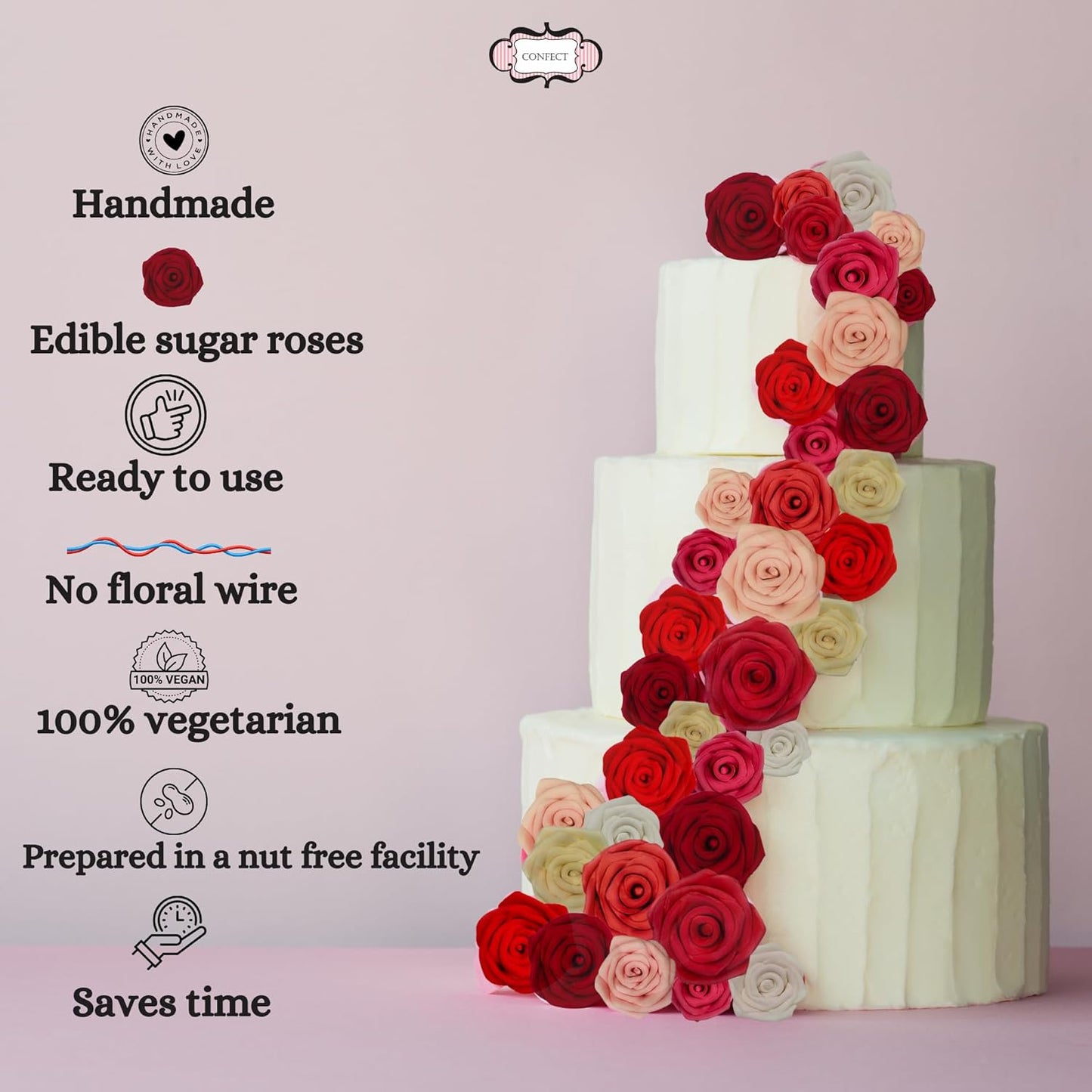 Confect Edible Rose Topper- French Rose Toppers – Pack of 12 Pink French Roses for Cakes, Cupcakes & Donuts – Vegan, Dairy-Free, Palm Oil-Free – Elegant Floral Decorations for Baking