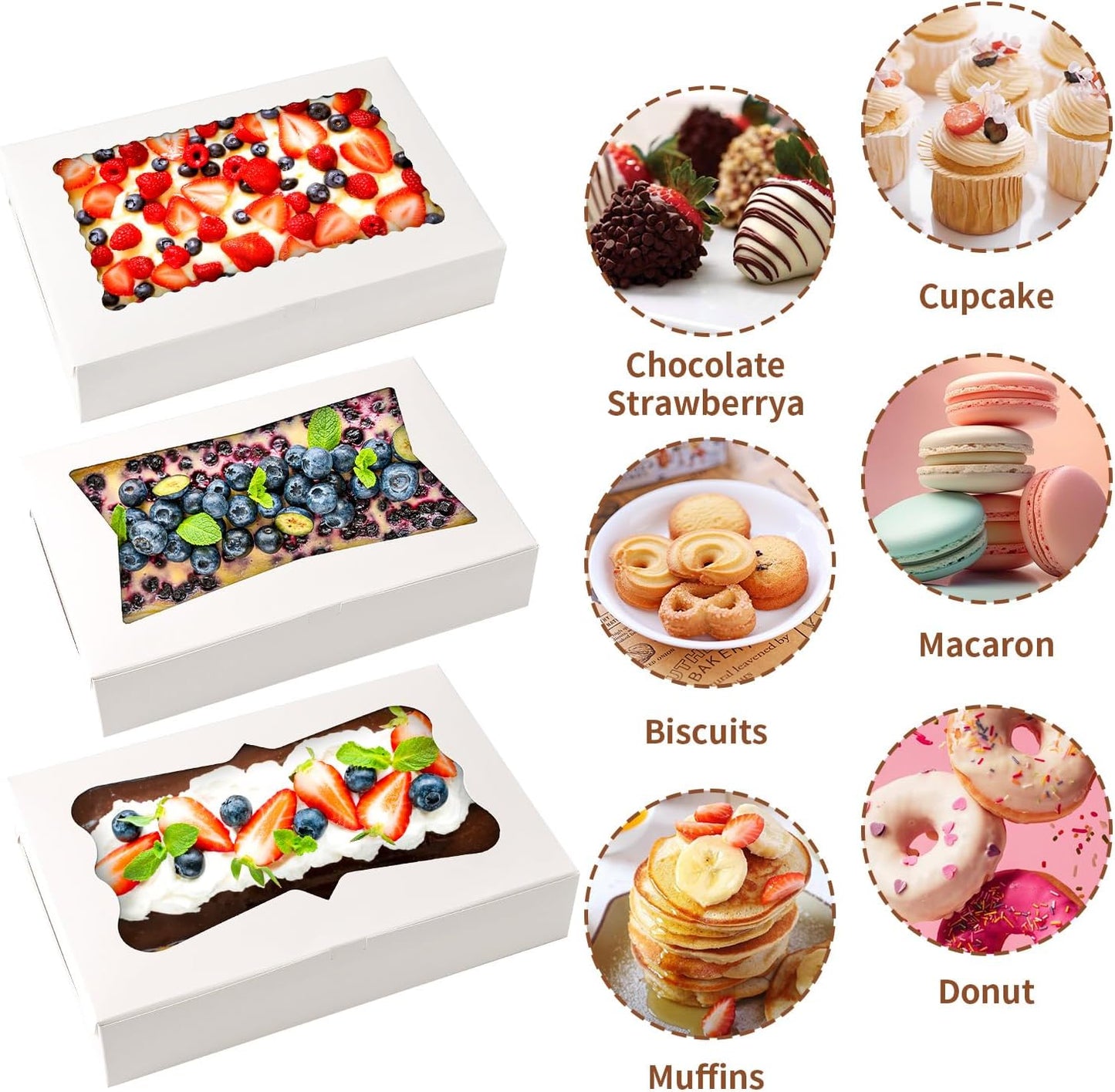 12pcs12x8x2.5 Inches Bakery Boxes,Cookie Boxes with 3Style for Window Bread,Treat，Chocolate,Strawberries,Dessert,Cakes,Donuts,Muffins,pastry