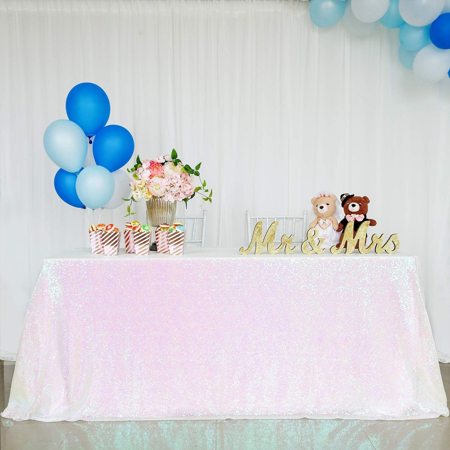 QueenDream Tablecloth 90x156 Rectangle Sequin Tablecloth White Iridescent Wedding Table Linens Glitter Birthday Bridal Party Indoor Outdoor Decorations