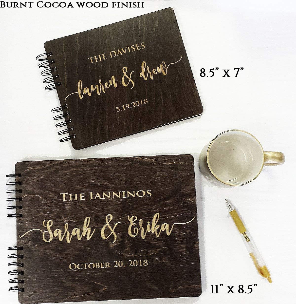 Wooden Wedding Guest Book Personalized (11"x8.5", Mahogany Stain) Wood for Bride and Groom Vintage Alternative Anniversary Bridal Party Guest Album Photo Booth Guestbook Made in USA