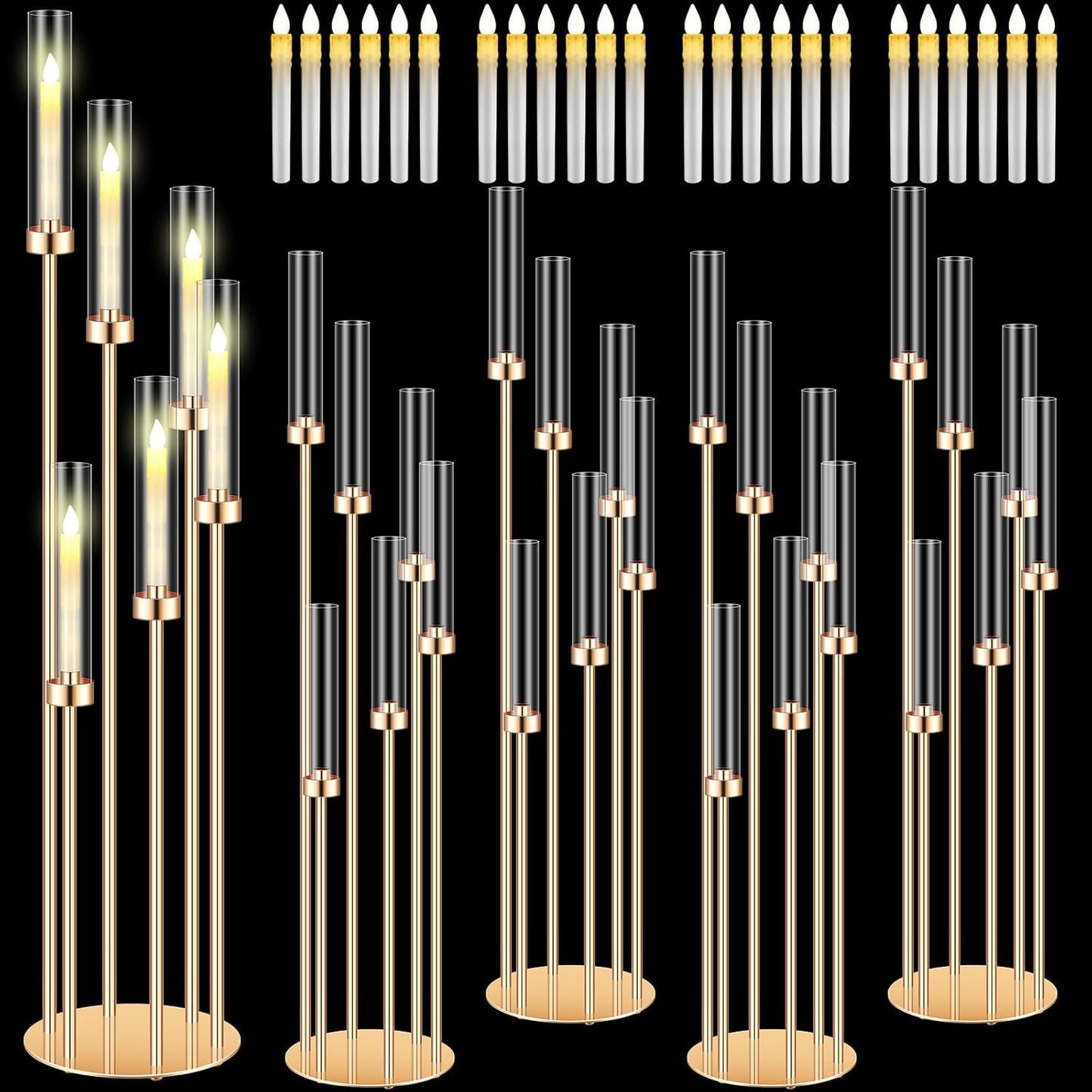 Tandefio 4 Sets Acrylic Candelabra Centerpieces 46.5'' Tall Clear Candle Holders Pillar Taper Candlestick with Lampshades 6 Arm Floor Candelabra Stand for Wedding Christmas Ceremony Dinner Party