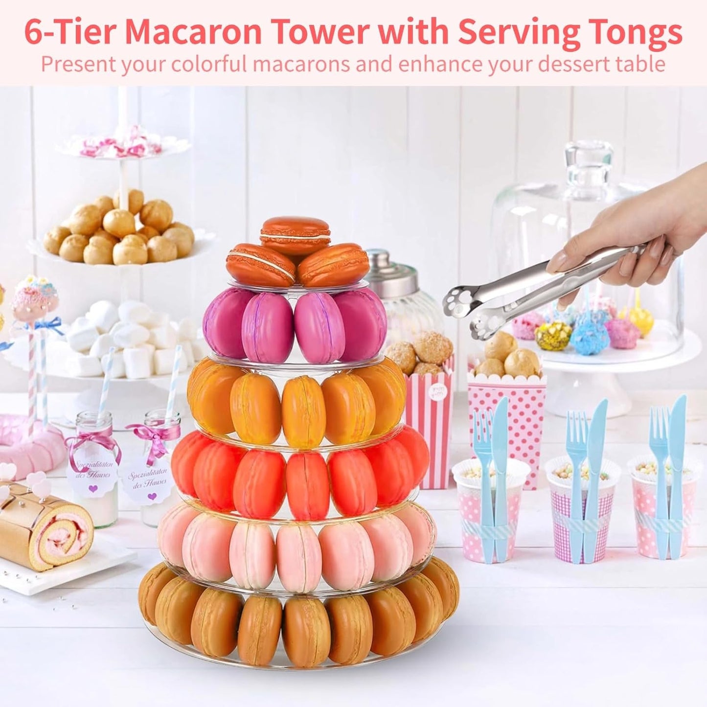 OMISTAR 2 PCS 6-Tier Clear Macaron Display Stands, Plastic Macaron Tray Tower with Stainless Steel Serving Tongs, Transparent Cupcake Dessert Stand for Weddings, Birthday Parties, Bakeries