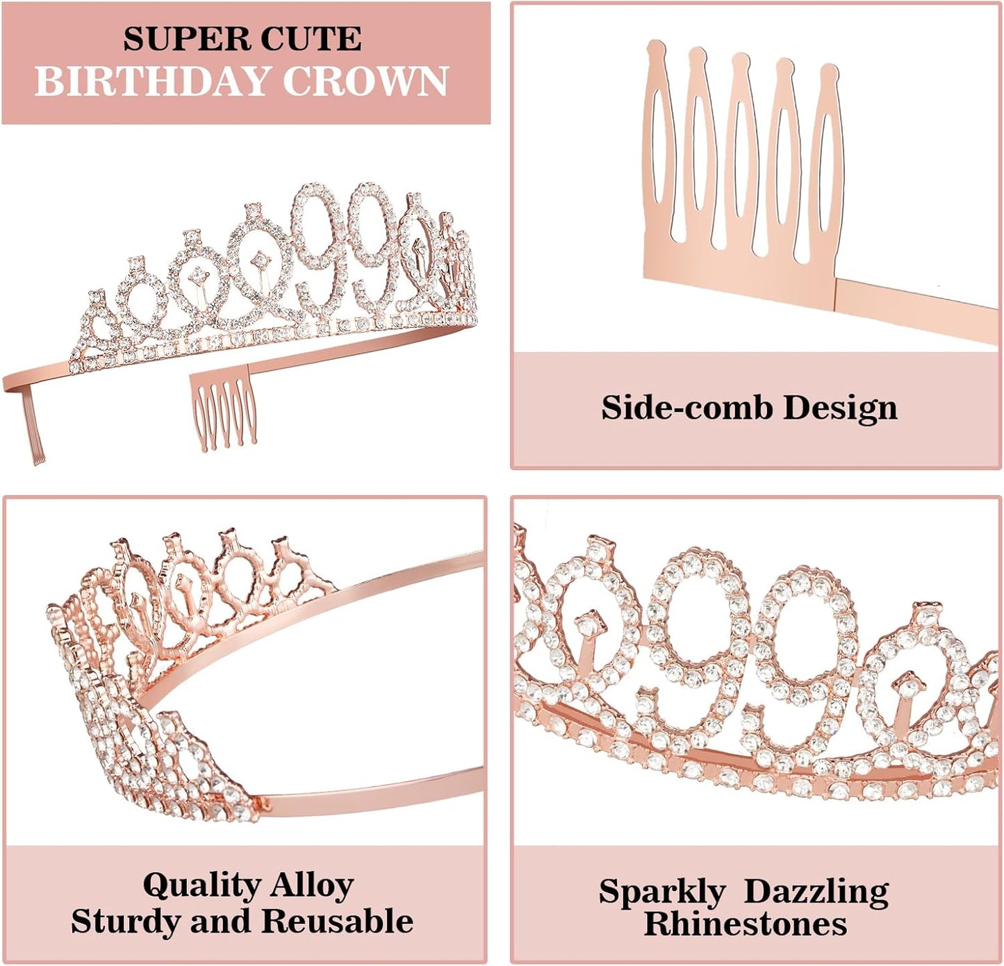 99th Birthday Decorations for Women Including Birthday Sash and Tiara, Candles and Cake Topper, Gifts for 99 Year Old Woman, Rose Gold Party Decor Supplies