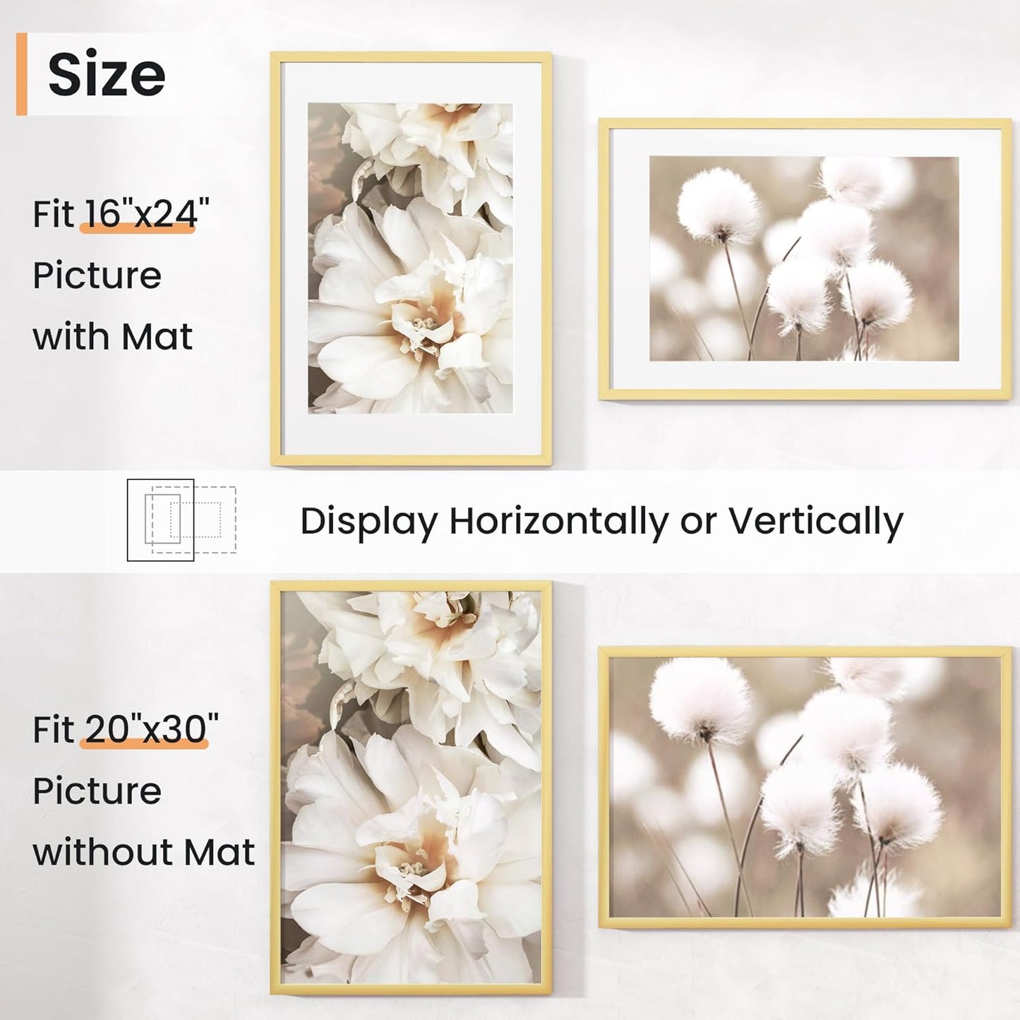 20x30 inch Picture Frame, 20x30 Photo Frames with 16x24 Removable Mat - High Definition Plexiglass - Vertical and Horizontal Display - Wall Hanging Poster Frame - Gold, 3 Pack