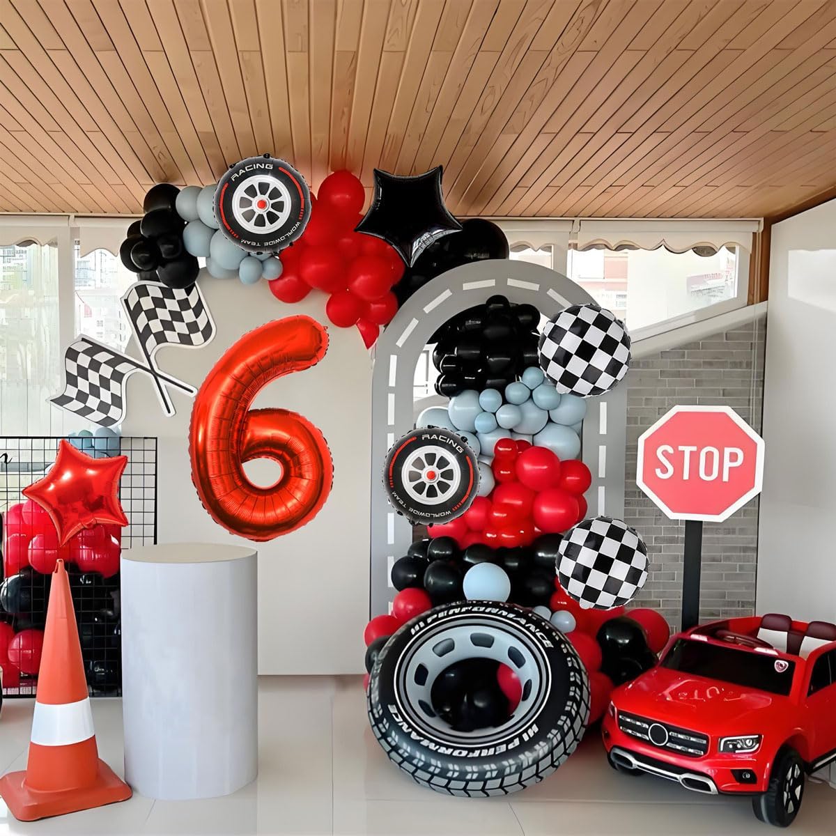 Race Car Birthday Decorations - 40 Inch Mylar Red Number 6 Balloons - Black Foil Checkered Race Car Balloons for 6st Birthday Race Cars Themed Party Decorations Supplies
