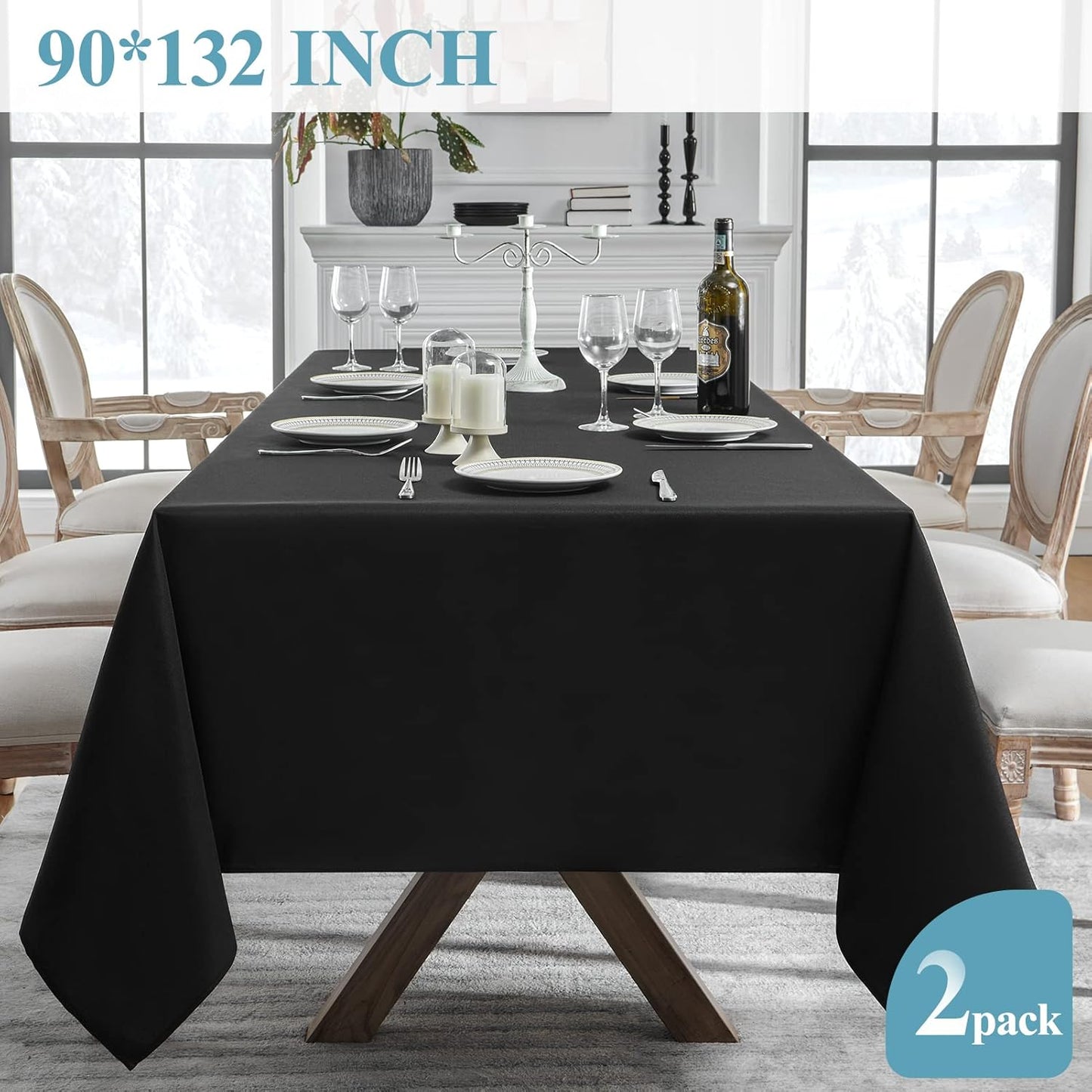 VidaFete 2 Pack 90*132inch Rectangle Tablecloth Polyester Table Cloth，Stain Resistant and Wrinkle Polyester Dining Table Cover for Kitchen Dinning Party Wedding Rectangular Tabletop Decoration(Black)