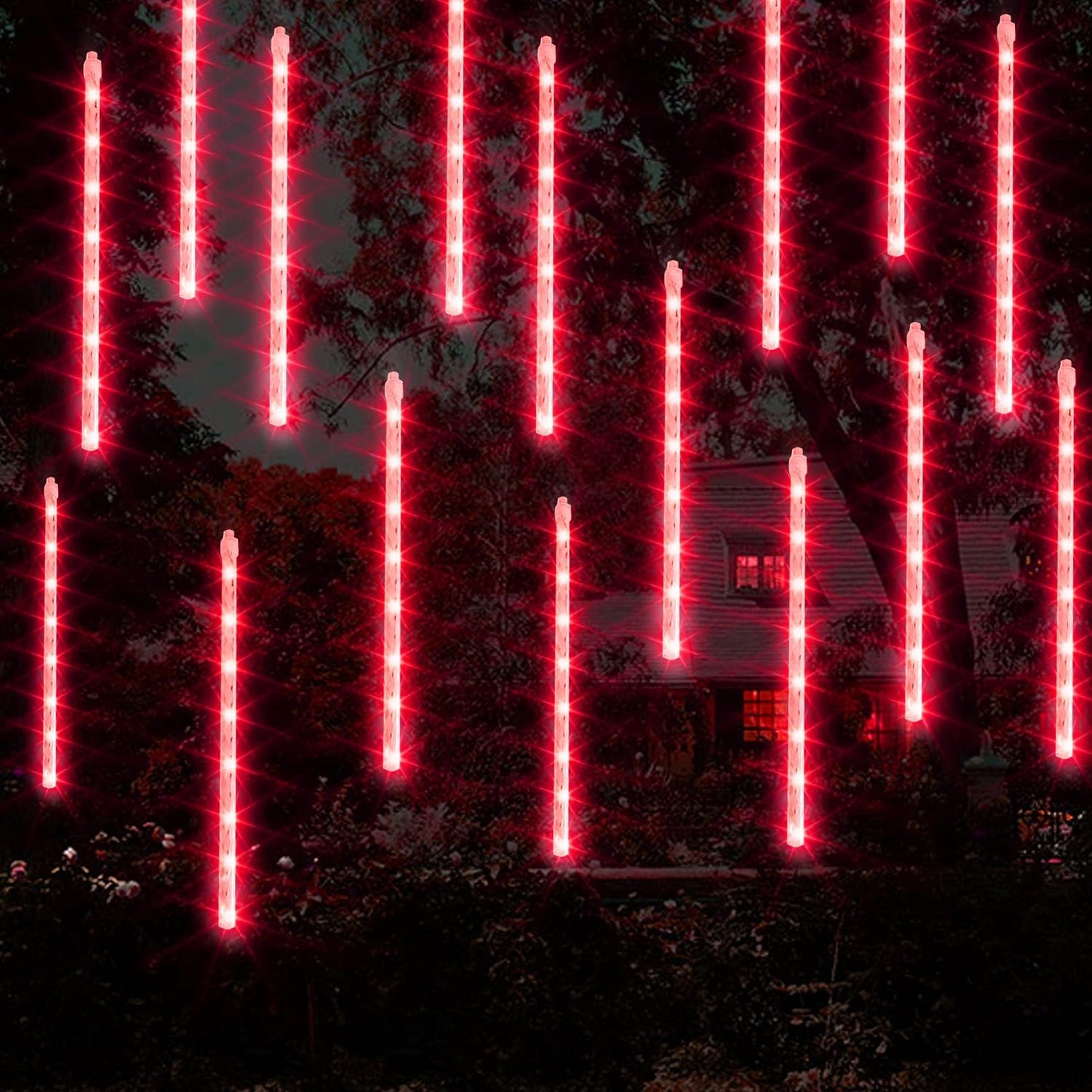 Dazzle Bright 288 LED Christmas Light, 11.8 Inch Meteor Shower Rain Lights with 8 Tubes，Waterproof Plug in Falling Rain Lights Christmas Decorations for Xmas Bushes Tree Yard Party (RED)