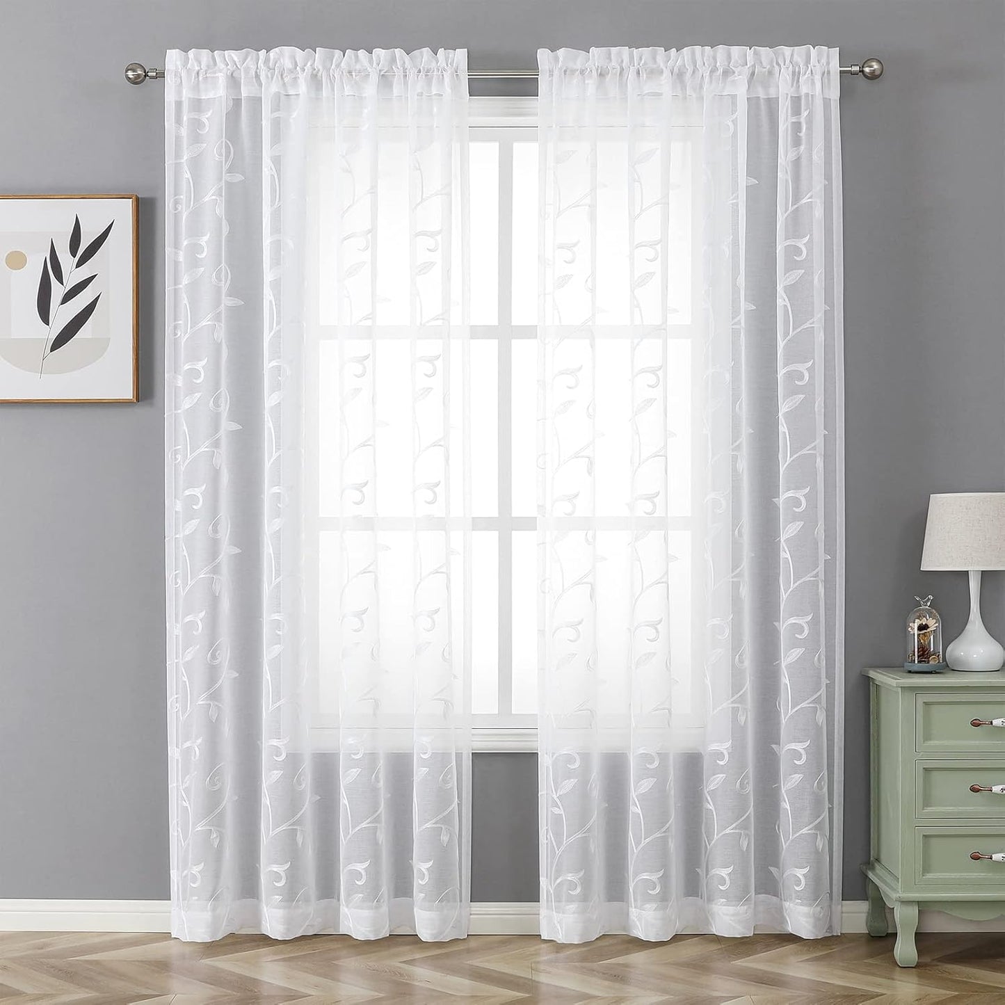 VISIONTEX White Leaves Sheer Voile Curtains, Decorative Embroidery Rod Pocket Window Drapes for Home Living Room and Bedroom 54 x 95 Inch, Set of 2 Curtain Panels