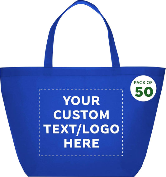 DISCOUNT PROMOS Custom Southern Style Grocery Tote Bags Set of 50 - Personalized Bulk Pack, Reusable Grocery & Shopping Bags - Great for Travel, Carry on Bag, Business Promotions - Blue - 20"X13"X8"