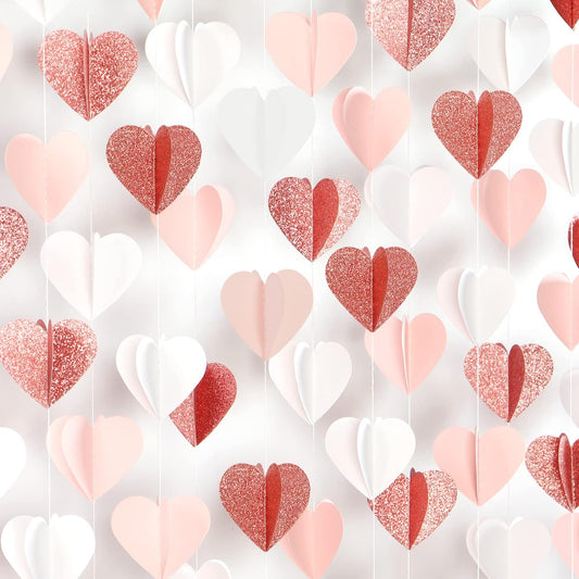 Rose-Gold Pink White 3D-Heart Garland - 39Ft Party Decorations Hanging Paper Streamers Banner,Engagement Wedding Bachelorette Baby Bridal Shower Decor Ouruola