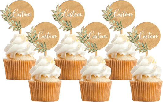 Custom Cupcake Toppers Cake Decorations in Wood for Wedding Engagement Baby Shower Birthday Party etc. (Design A / 12 PCS)