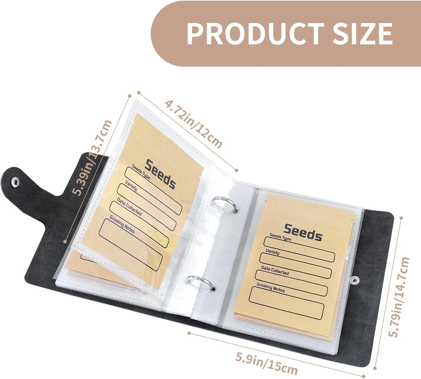 Seed Organizer Binder with 50 PCS Resealable Seed Envelopes - 50 Storage Pockets, 3.5x5 Inch Clear Sleeves, Seed Saver for Garden Lover - Gray