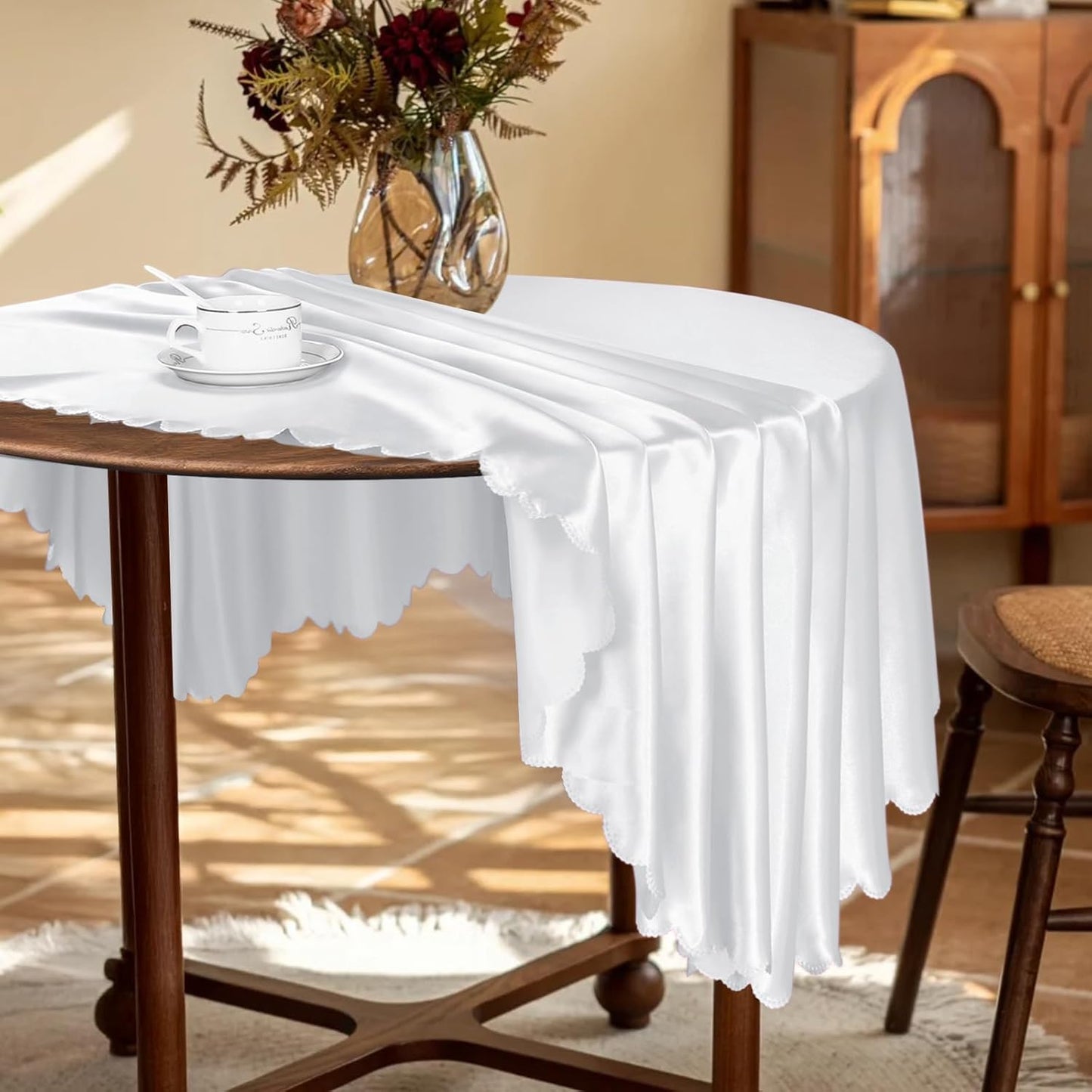 KKJIAF 1 Pack 108 Inch Round Table Cloth, White Overlay Round Satin Table Cover, Silky Satin Dining Tablecloths for Wedding Buffet Parties Banquet Decoration