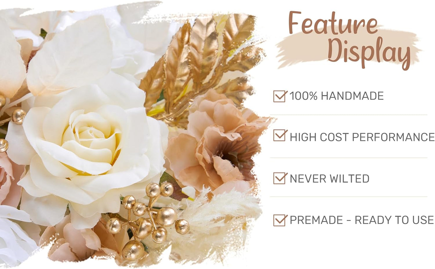 Wedding Arch Flowers with Drapes Kit (Pack of 4) - 2pcs Artificial Beige Deluxe Swag with 2pcs Sheer Drapes for Wedding Ceremony Arbor Reception Backdrop Rose Floral Decoration