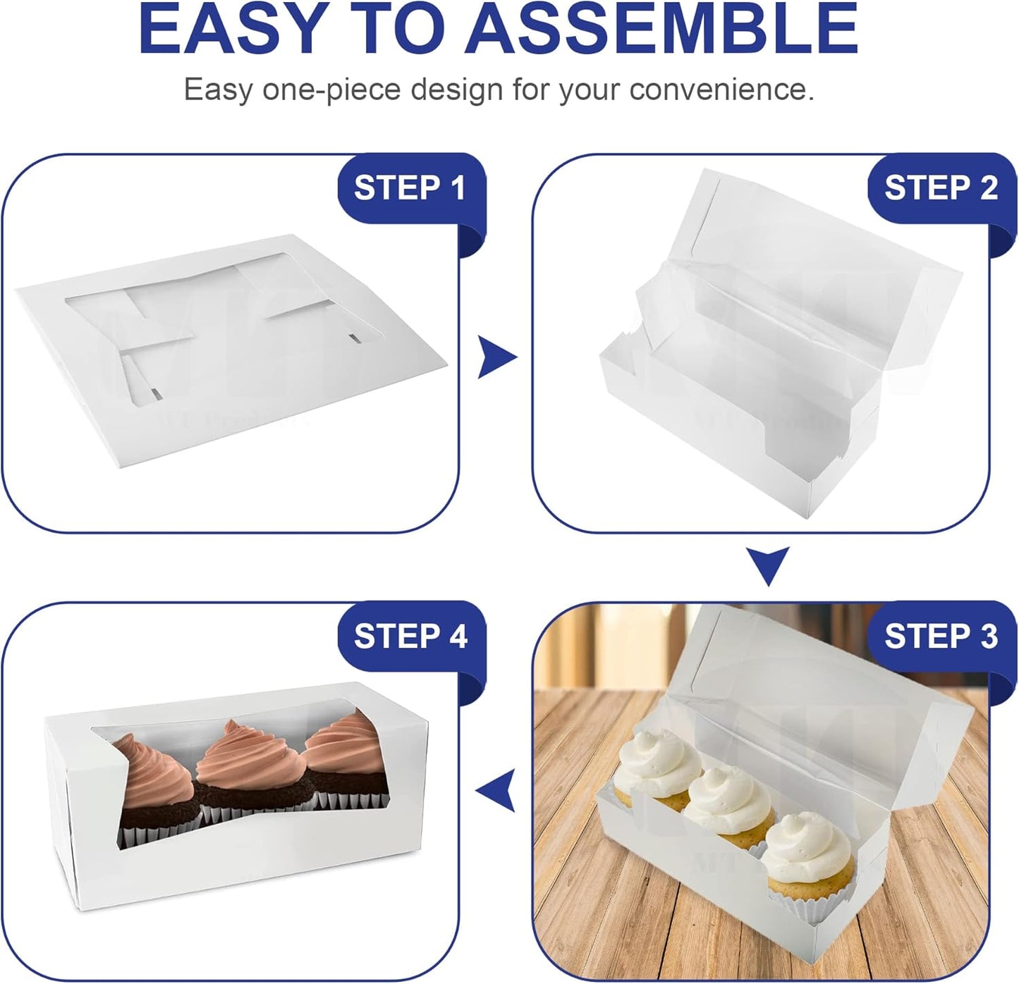 MT Products White Cupcake Boxes 9" x 4" x 3.5" - Auto Pop-Up Bakery Boxes with Window (Pack of 25) - Made in the USA