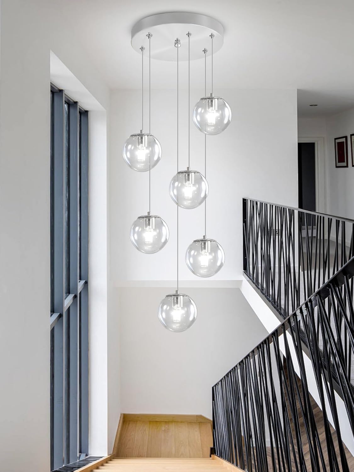 H 87in Modern Glass Globe Chandelier 6-Lights Glass Pendant Light for Staircase Silver Globe Chandelier Clear Glass Hanging Lighting for Living Room Bedroom Entryway