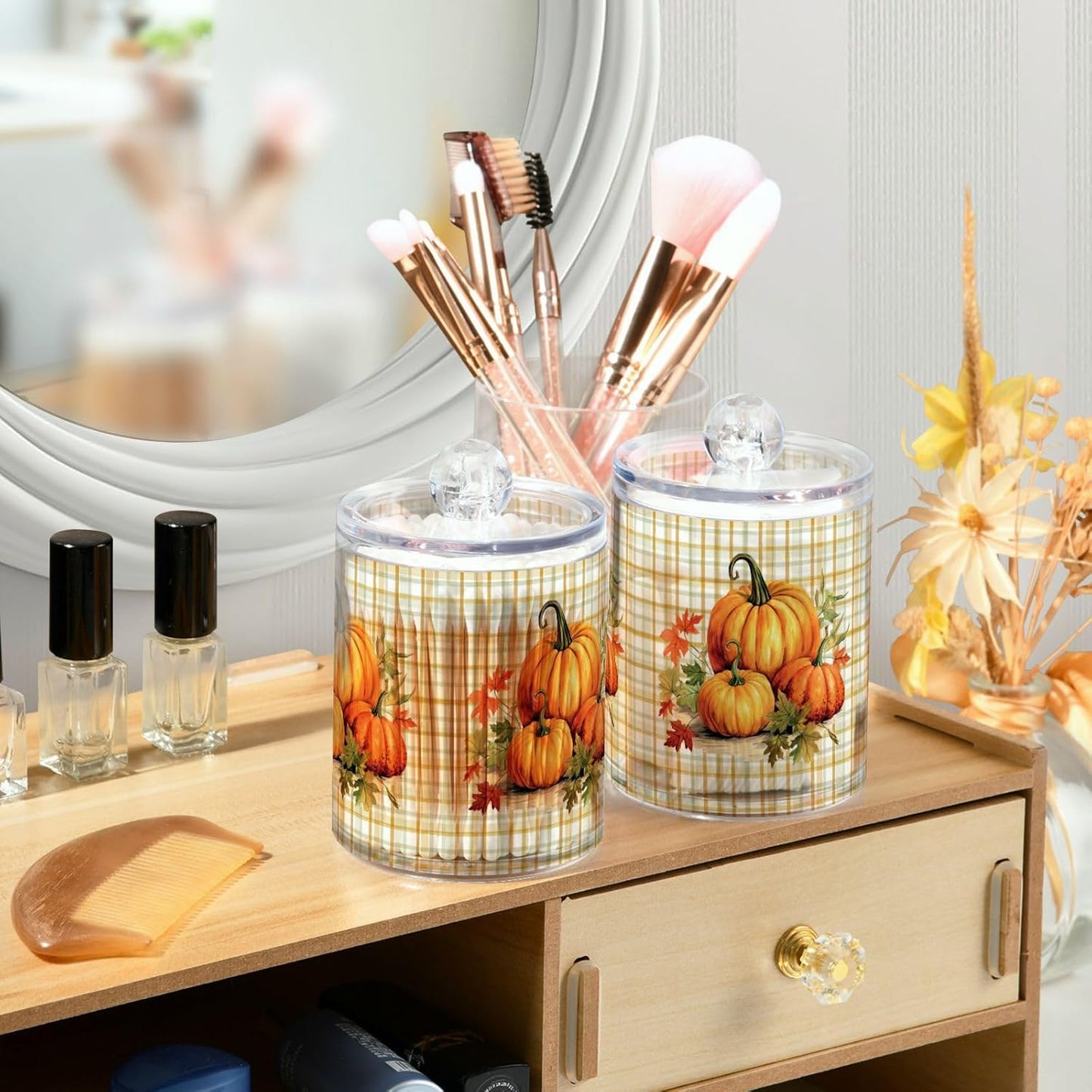 Gredecor 2 Pack Apothecary Jars with Lid Pumpkins Gingham Plaid Qtip Holder Dispenser Storage Containers Clear Plastic Rustic Fall Autumn Thanksgiving Theme Canisters for Bathroom Vanity Organization