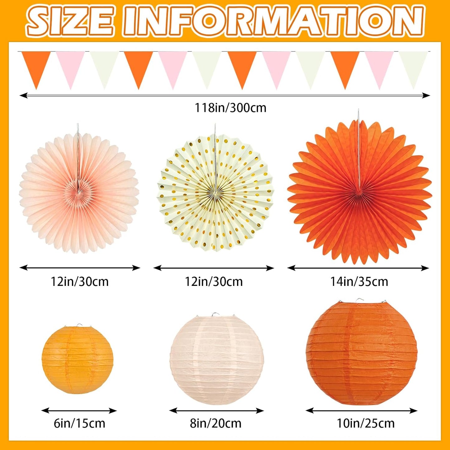 15Pcs Autumn Pink and Orange Party Decorations, Hanging Orange Paper Lanterns Honeycomb Paper Fans Triangle Flag Banner for Girls Women Baby Shower One Sweet Peach Birthday Thanksgiving Party Decor