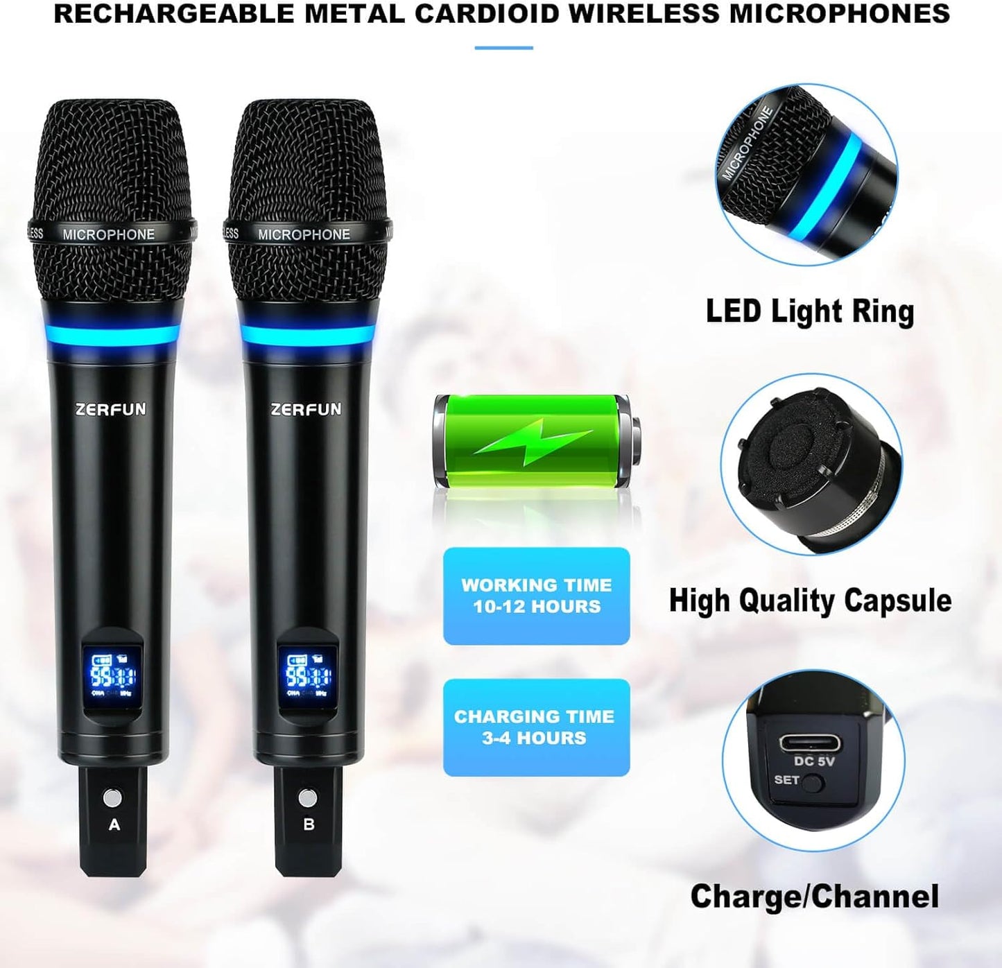 4 Channel Rechargeable Wireless Microphone System, Pro UHF Metal Handheld Wireless Microphones Cordless Mics with Echo Bluetooth VOL Channel Control for Karaoke Singing Church(MU-898)