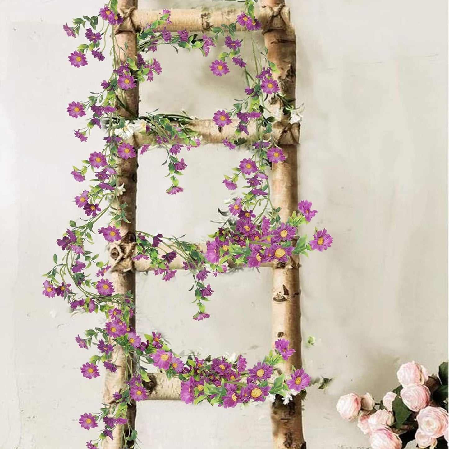 2 Pack Artificial Purple Flower Garland Silk Daisy 13FT Fake Vines Purple Birthday Party Decorations Wisteria Hanging Flowers Garland for Backdrop Arch Wall Home Wedding Indoor Cemetery Decor