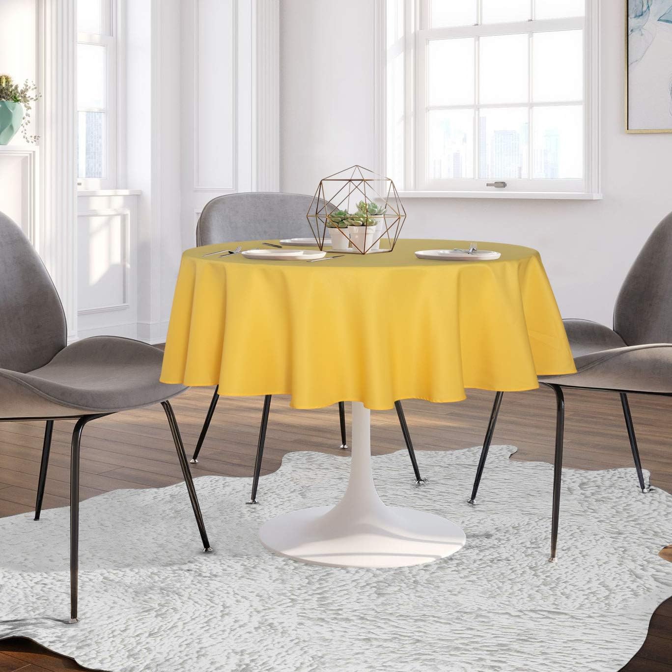 sancua Round Tablecloth - 70 Inch - Water Resistant Spill Proof Washable Polyester Table Cloth Decorative Fabric Table Cover for Dining Tables, Buffet Parties and Camping, Yellow