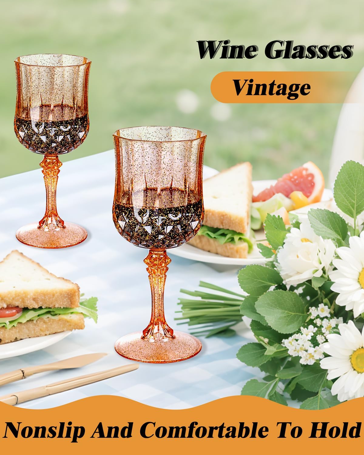 Ciaell 24PCS Rose Gold with Glitter Plastic Wine Glasses - 7 Oz Vintage Drinking Glasses with Rose Gold Glitter - Disposable Water Goblets Set for Party Wedding, Bar, Wine, Beer & Thanksgiving