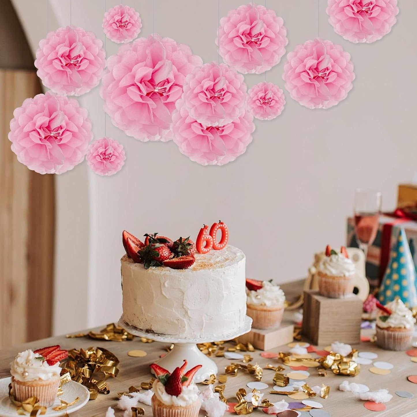 Tissue Paper Pom Poms, Pink Tissue Paper Flowers, Hanging Flower Balls for Weddings Fiesta Parties Birthday Baby Showers Classroom Bridal Shower Decoration (20Piece Set-6/10/12/14Inch)