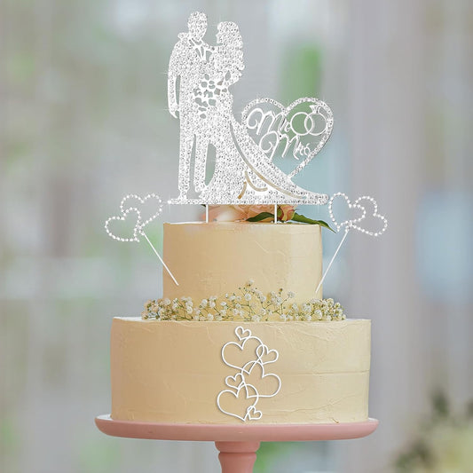 Spiareal 4 Pcs Wedding Cake Topper Mr and Mrs Rhinestone Bride and Groom Love Cake Topper Metal Crystal Heart Shaped Happy Engagement Anniversary Funny Diamond Party Decor for Bridal Shower(Silver)