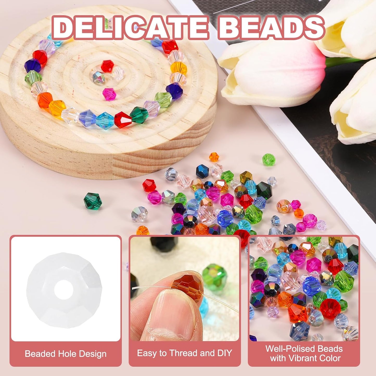 PATIKIL 1000pcs 4mm Bicone Glass Crystal Beads, Faceted Glass Spacer Beads with Box for Jewelry Making Bracelet Necklace Earrings DIY Suncatcher Craft, Pure White AB