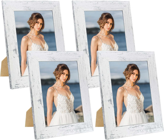 5x7 Picture Frame Set of 4, High Definition Glass Distressed White Frame, 5 x 7 Wood Photo Frames for Tabletop Display and Wall Mounting
