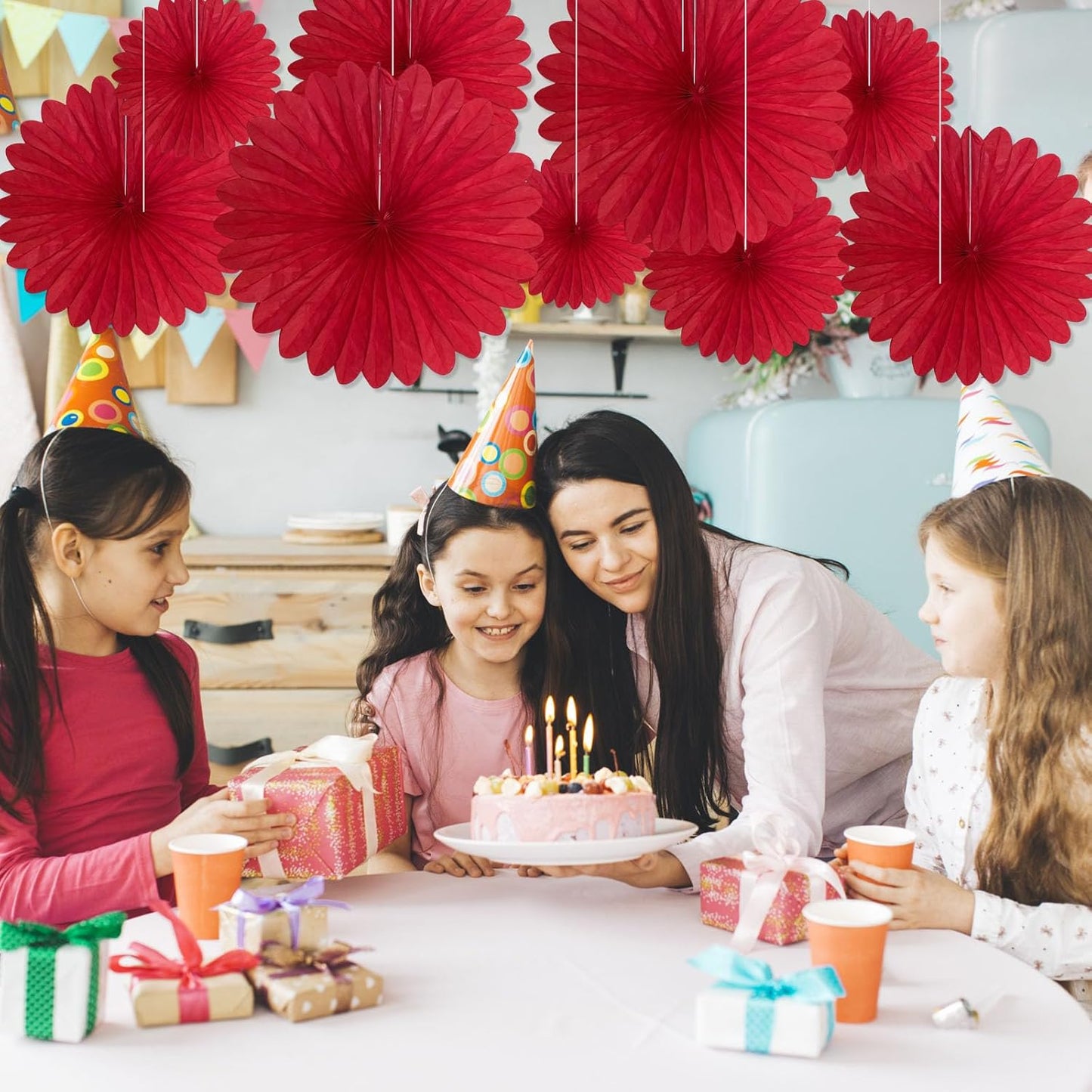20 Pcs Red Hanging Paper Fan, Round Paper Fans Decorations Set for Weddings, Birthdays, Engagement, Bridal Shower, Baby Shower Event, Graduation, Party Supplies Decor