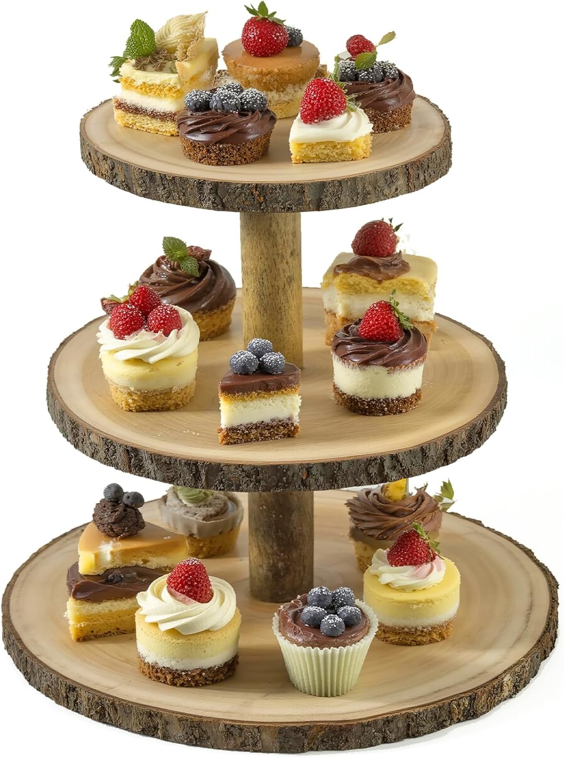 Cupcake Stand Wood Dessert Stands 3 Tier Cupcake Tower Large Cupcake Display Stand Rustic Cupcake Tier Stand for Woodland Baby Shower Decorations,Wedding,Birthday,Party,Farmhouse Decor
