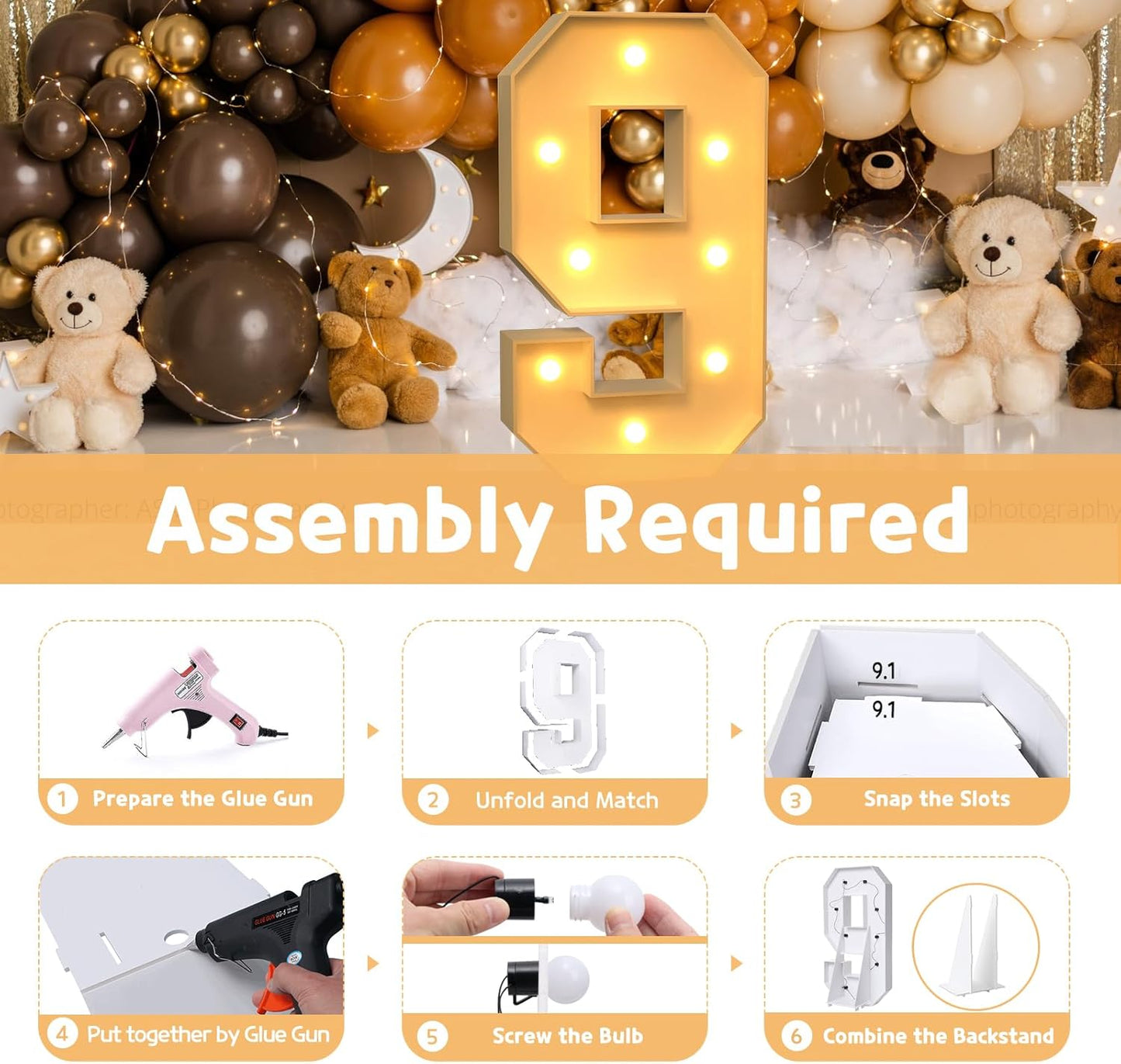 imprsv 3FT Marquee Numbers, Light Up Numbers for 9th 90th Birthday Decorations Anniversary Party Decor, Number 9 Light Up Number, Pre-Cut Foam Board Kit