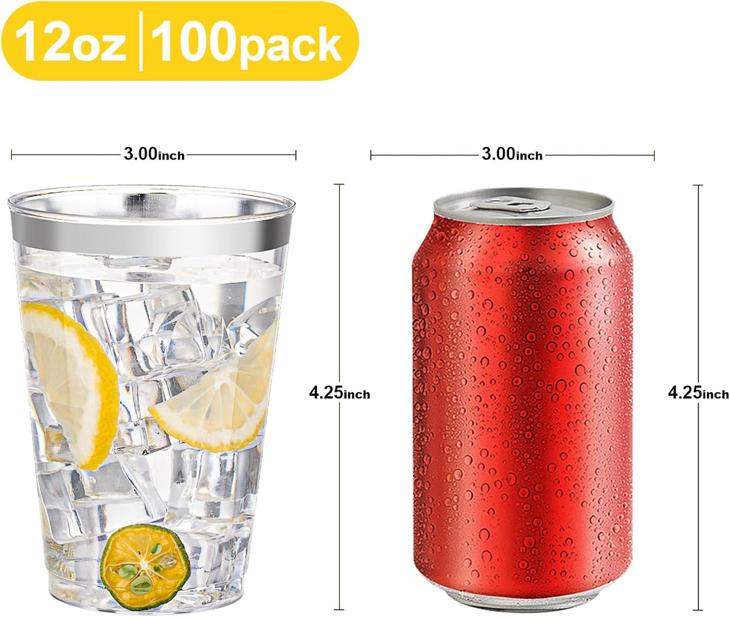 BESTVIP 12oz Silver Plastic Cups, 100 Pack Silver Rimmed Disposable Cups, Heavy-duty Party Cocktail Glasses for Christmas, Thanksgiving, Plastic Cups for Party, Holiday, Wedding and Birthday