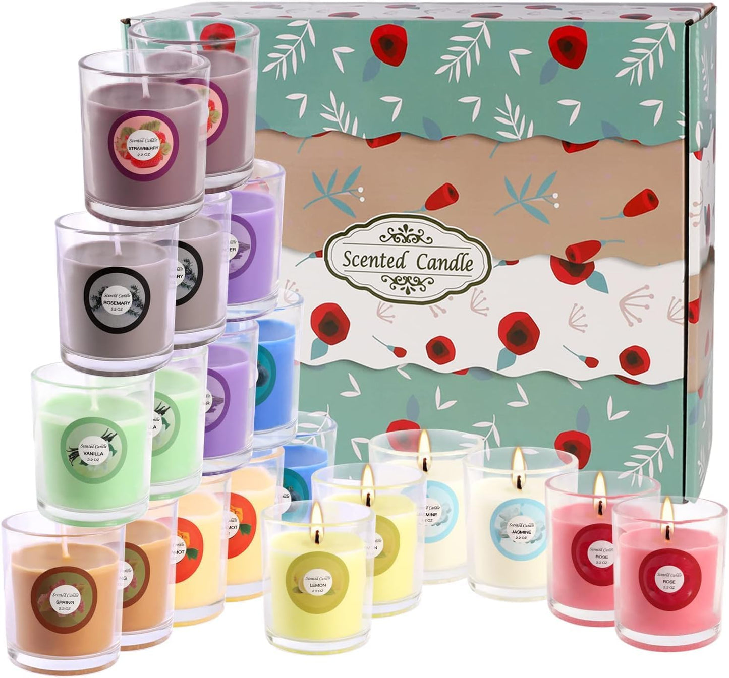 Scented Candles, Jasmine, Rose, Vanilla, Bergamot, fig, Lavender, Lemon, Spring,Strawberry, Rosemary, Aromatherapy Candles,Soy Wax Glass Jar Candle - 40 Pack