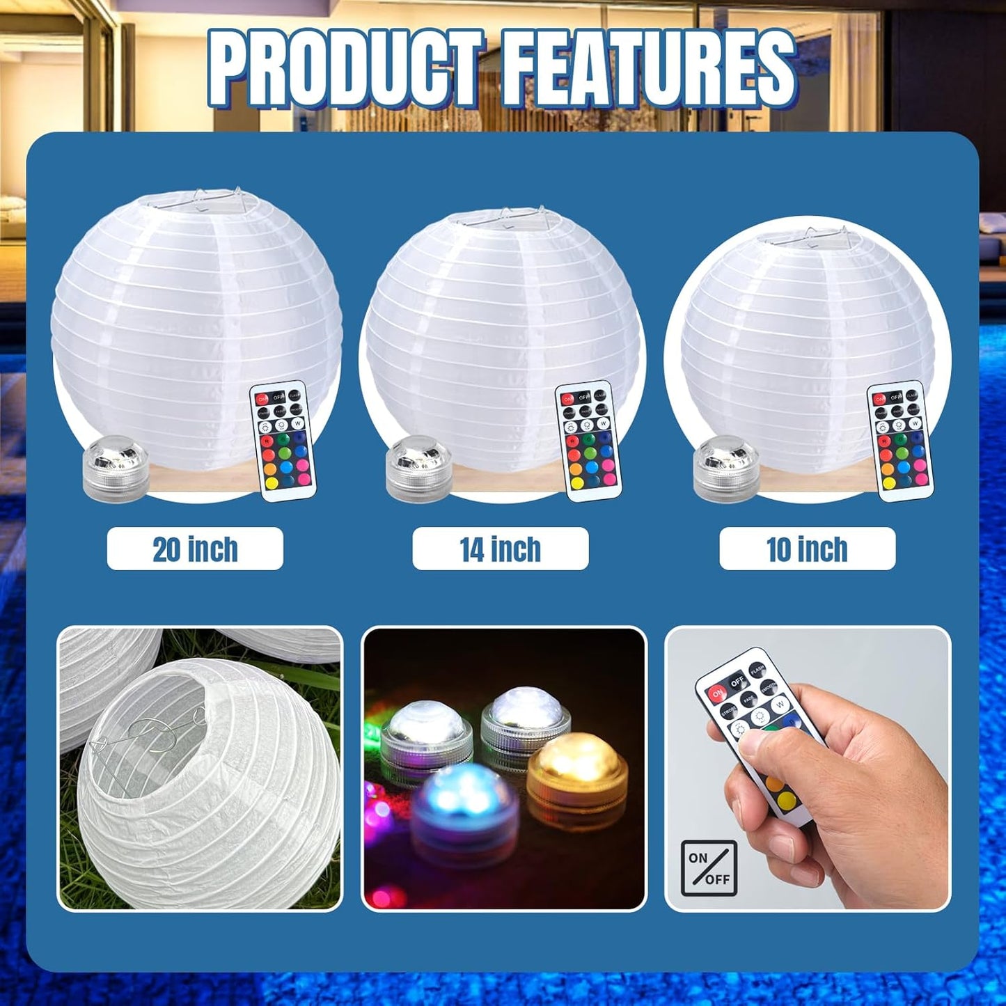 Floating Lanterns LED Pool Lights,IP68 Waterproof Pool Lights That Float ,13 Color Changes by Remote Control for Pool Decor,Outdoor Party,Wedding (2Pcs - 10 inches)