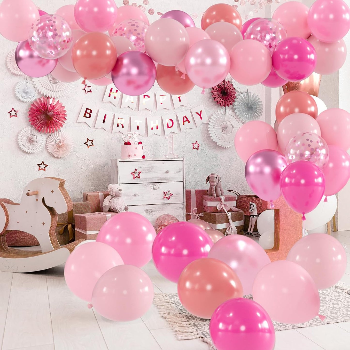 100pcs Pink Balloons Assortment - 12 Inch Metallic, Dusty Rose, Pearl & Hot Pink Pastel Balloons for Baby Shower, Bachelorette Party, Princess Birthday, Gender Reveal Party(66ft Ribbons)