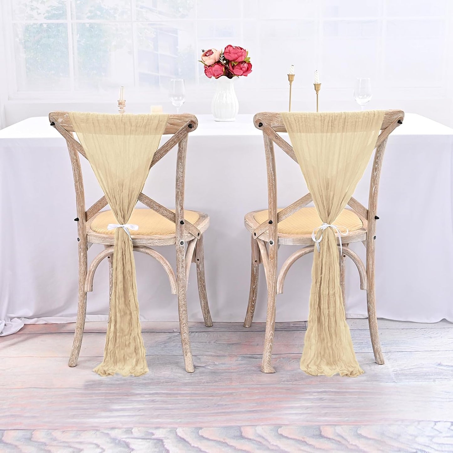 50 PCS Cheesecloth Chair Sashes Bows Wedding Aisle Decorations Chair Ribbon Ties Back Sash for Wedding Party Events Banquet Chair Cover Decoration (Beige)