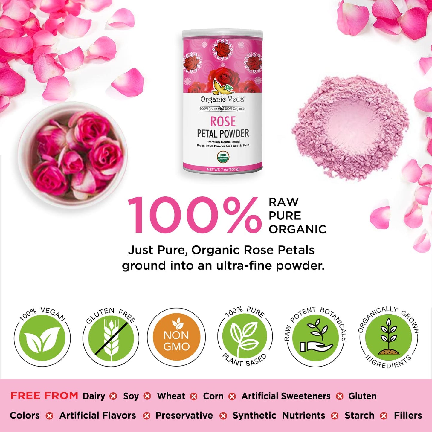 Organic Veda Edible Rose Petal Powder - Organic Rose Petal Powder for Cooking, Herbal Tea, Smoothies, Toppings - Natural Rose Petal Powder for DIY Face Masks, Skin & Hair Care - Vegan, No Gluten - 7oz